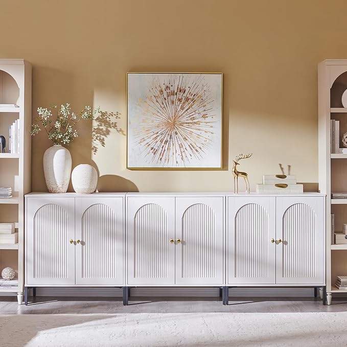IFGET 92.63" W Modern Arched Sideboard Buffet Cabinet with Storage, White | Fluted Arch Sideboard Cabinet w/Adjustable Shelves, Wooden Modular Kitchen Cabinet for Dining& Living Room, Entryway