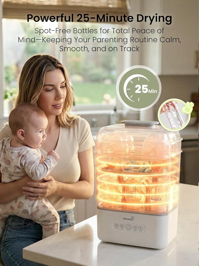 Grownsy 3 Layers-Large Bottle Sterilizer and Dryer, Holds 6 to10 Bottles, Nesting Design Bottle Sanitizer Esterilizador de Biberones for Breast Pump Sterilizer Bags Bottle Brush Included