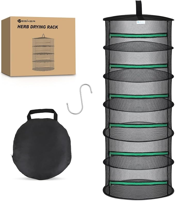 Yesker 6 Layer Herb Drying Rack Hanging Mesh Net Foldable Plant Drying Racks 24" Diameter with Green Zipper & Hook Dryer Hanging Rack for Herbs Seed Bud Fruit Clothes Grow Tent Closets Garden Outdoor | 24" Diameter with Green Zipper & Hook Dryer Hangin...