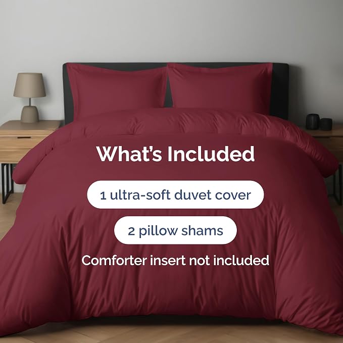Duvet Cover Queen Size Set - Extra Soft Queen Duvet Cover 90" x 90" with 2 Pillow Shams for Women, Men, Kids & Teens - Hotel Luxury, Easy-Care w/ Zipper Closures & Ties - Comfy & Breathable (Burgundy)