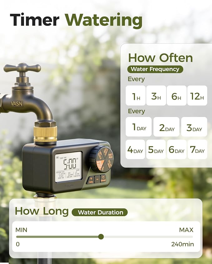 Diivoo IP66 Waterproof Brass Hose Timer, Programmable Sprinkler Timer with Large Display, Rain Delay & Manual Mode – Outdoor Automatic Irrigation System for Garden, Lawn & Yard