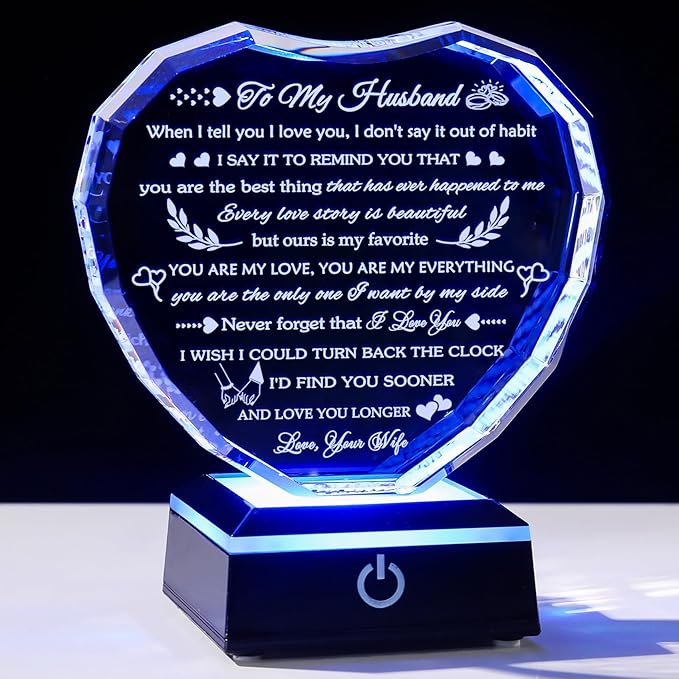 Arikyrist Gifts for Husband from Wife with Colorful LED Base Anniversary Romantic Gifts for Husband Birthday Crystal Keepsake to My Husband I Love You Gifts on Valentine Fathers Day Christmas