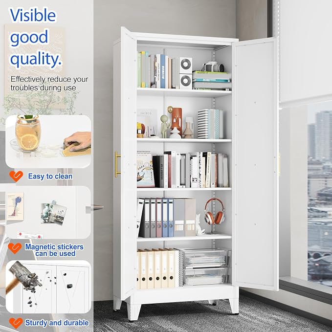 GAIOUS 71" Tall Kitchen Pantry Cabinet,Metal Storage Cabinet White Cupboard | Steel Office Cabinet, Freestanding Bookcase with 2 Doors and 4 Adjustable Shelves, Bathroom Kitchen Home Garage Tool Cabinet