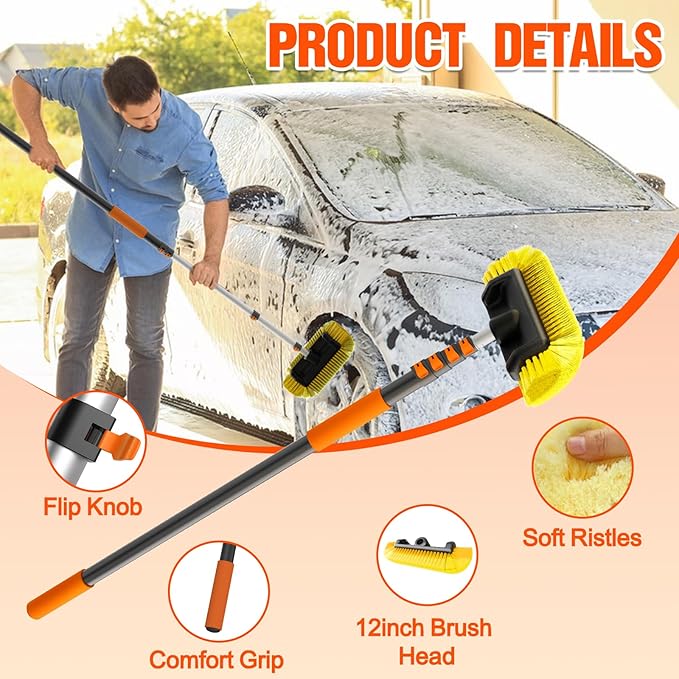 LAANPOLE 20FT Car Wash Brush with Long Handle, Car Cleaning Brush with 12 Inch Soft Bristle, Solar Panels Cleaner with Telescoping Pole for RV, Truck, Boat, House Siding