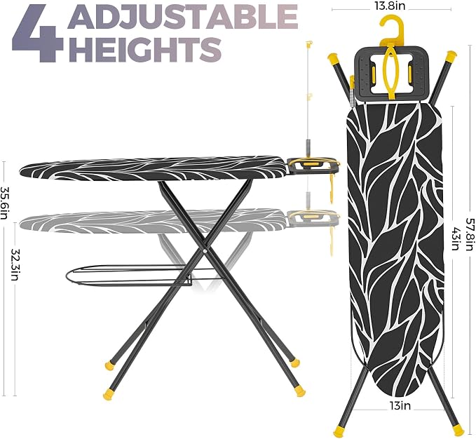 APEXCHASER Ironing Board Standard Size, Iron Board and Ironing Board Set Height Adjustable, Foldable Ironing Boards Standard Size, Iron Table Stand with Iron Rest and Garment Rack, 13" x 43" Gray