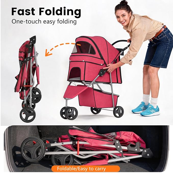 BestPet 3 Wheels Pet Dog Stroller Cat Cage for Medium Small Dogs Cats Travel Folding Carrier Waterproof Puppy Stroller with Cup Holder & Removable Liner,Red