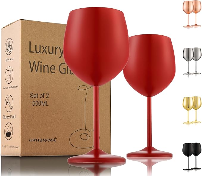 UNISWEET Unbreakable Stainless Steel Wine Glasses Set of 2, Matte Red | 17oz Unique Fancy Metal Wine Goblets, Shatterproof, Ideal for Outdoor, Camping, Travel, Pool, Great Gift for Wine Lovers