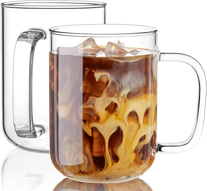 Glass Coffee Mugs, 24 oz Ice coffee cups, Large Clear Tea Cups Set of 2, Glass Mugs with Handles, Glass Cups for Latte, Cappuccino, and Tea