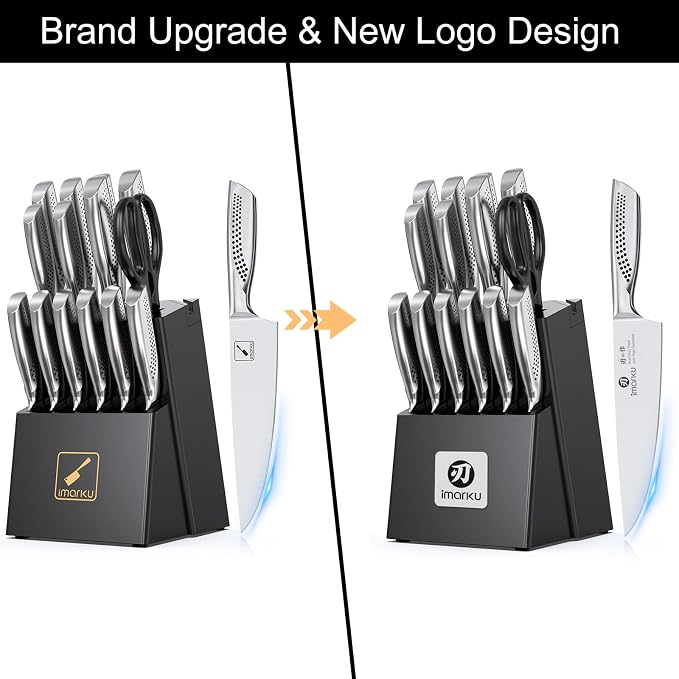 imarku® Kitchen Knife Set, 15 Pcs Japanese Knife Set with Block, Premium Razor-Sharp Chef Knives Set for Kitchen with Sharpener, Rust-Proof, Ergonomic Full-Tang Handle, Black