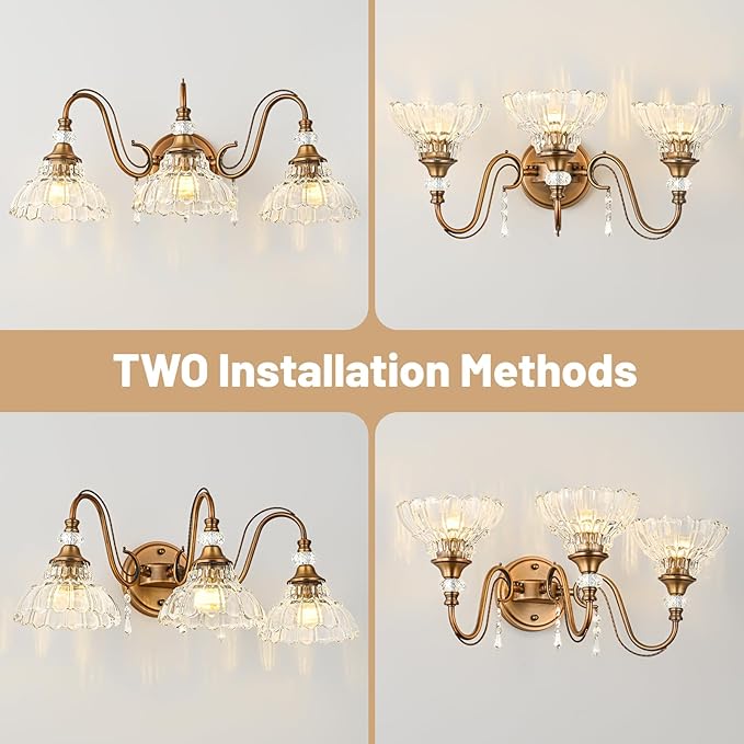 Vintage Bathroom Vanity Light, 3-Light Matte Antique Brass Finish Wall Sconce with Hanging Crystal Accents and Flower-Shaped Clear Glass Shades, Retro Wall Mount Vanity Light Over Mirror for Bathroom
