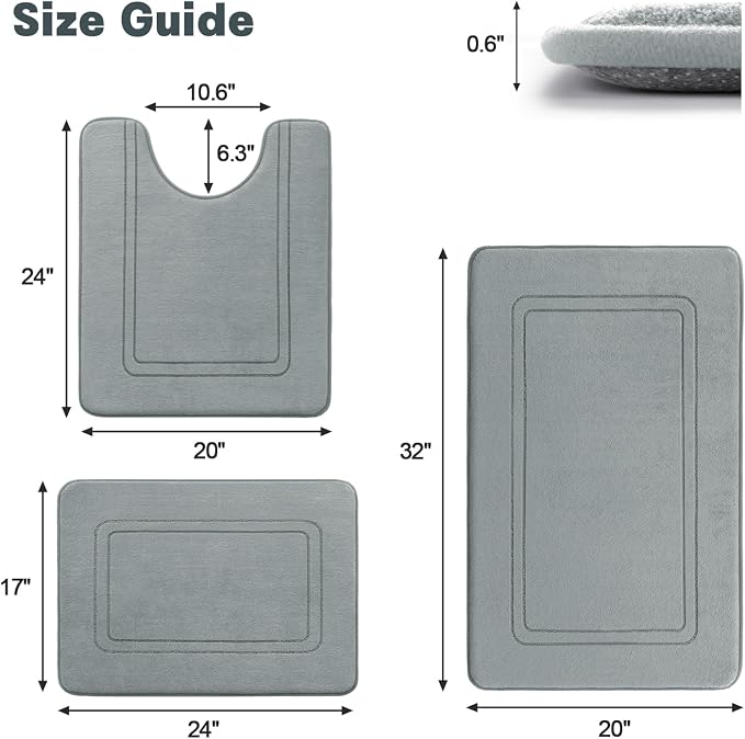 YIHOUSE Memory Foam Bath Mat Set, Non Slip Bath Mats for Bathroom, Super Soft and Water Absorbent Bath Rug Set, Machine Washable U Shape Toilet Mats, Light Grey
