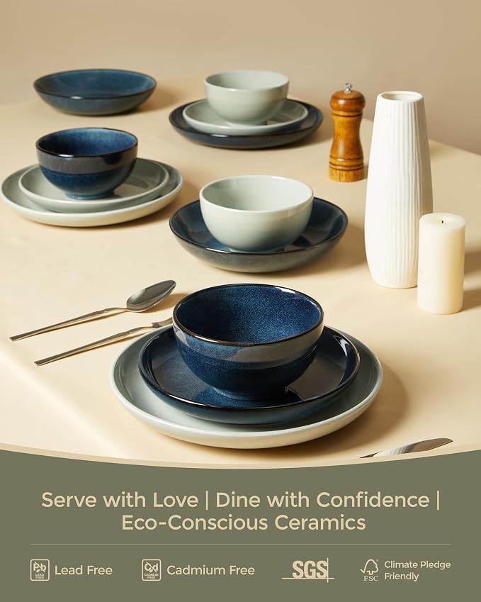 Pokini Santorini Mist Terracotta Reactive Glaze Plates and Bowls Sets, Stoneware Dinnerware Sets, Microwave and Dishwasher Safe Ceramic Dish Set Service for 4, Slate Green