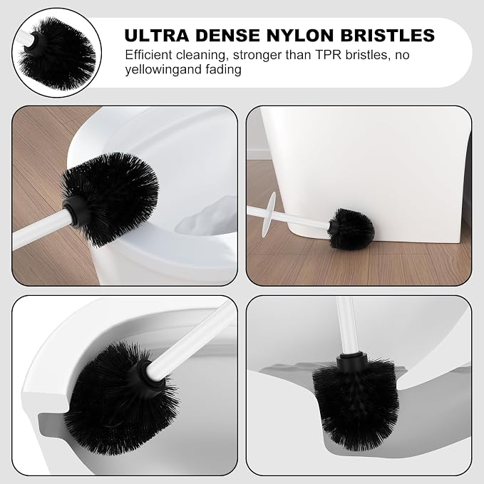 White Toilet Brush and Holder Set，Stainless Steel Heavy Duty Toilet Bowl Brush，Extra Long Handled Modern Toilet Cleaner Brush with Replaceable Head, Removable Inner Bowl, and Splash Protection