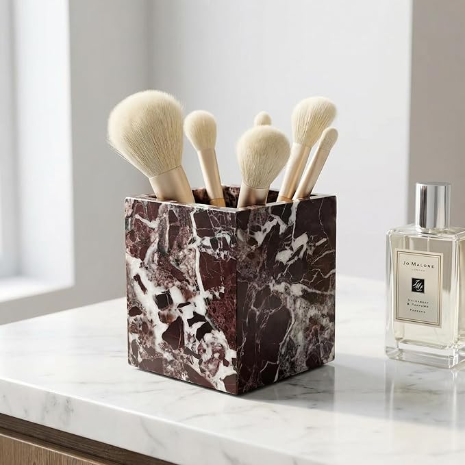 Natural Marble Pen Holder, Square Desk Organizer, Marble Toothbrush Holder, Multi-Functional Makeup Brush Holder, Decorative Storage Cup for Office Vanity Bathroom Kitchen (Rosa Levanto)