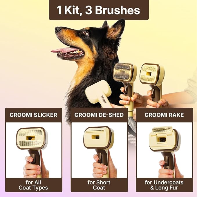 GROOMI Vacuum Pet Brush Kit – 3‑in‑1 Dog & Cat Grooming Tool, Self‑Cleaning Deshedding Brush & Pet Hair Remover, Universal Vacuum Attachment Including Dyson, Short, Medium & Long Fur, All Breeds