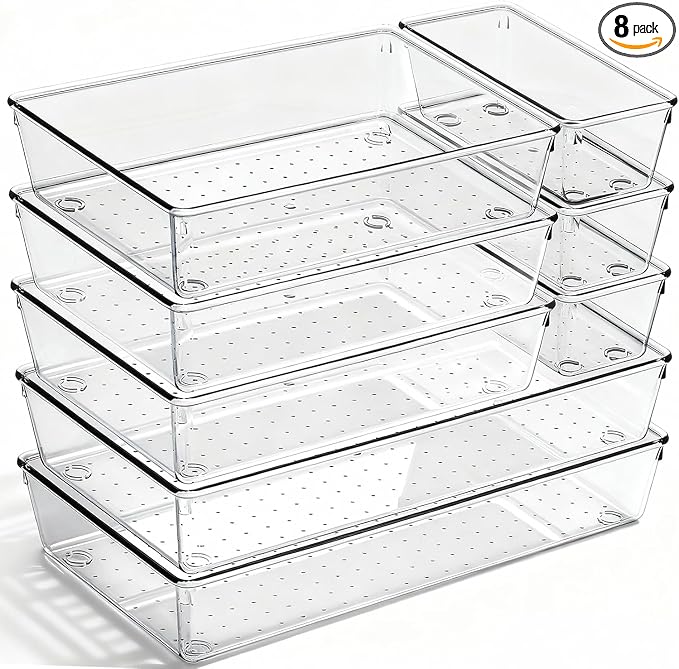8 Pack Large Clear Plastic Drawer Organizer Bins - Acrylic Bathroom Drawer Organizer Trays - Heavy Duty Kitchen Drawer Dividers for Utensils - Non-Slip Storage Bins for Makeup, Bedroom, Office Desk