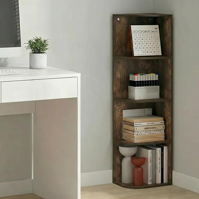Furinno PASIR Book Shelf, 4-Tier Corner Bookshelf with Open Shelf, Standing Bookcase, 9.3 x 12 x 41.4, for Organization and Storage, for Living Room, Bedroom, Home Office, Amber Pine
