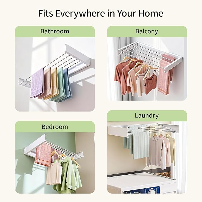 Wall Mounted Clothes Drying Rack 31.5" Foldable, 60 lb for Laundry & Apt | Carbon Steel & Stainless Steel, 60 lb, Rust-Resistant, Fits Brick/Wood, Folds 3" Deep, for Apt, RV, Laundry