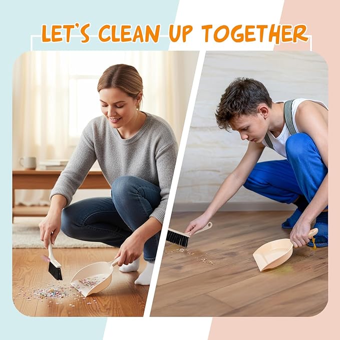 Sliner 18 Pack Mini Dustpan and Brush Set Nesting Snap Plastic Dust Pans with Brush Small Handheld Broom and Dustpan Set Bulk Portable Cleaning Suitable for Desktop Pets Care Camping(Blue, Pink,Beige)