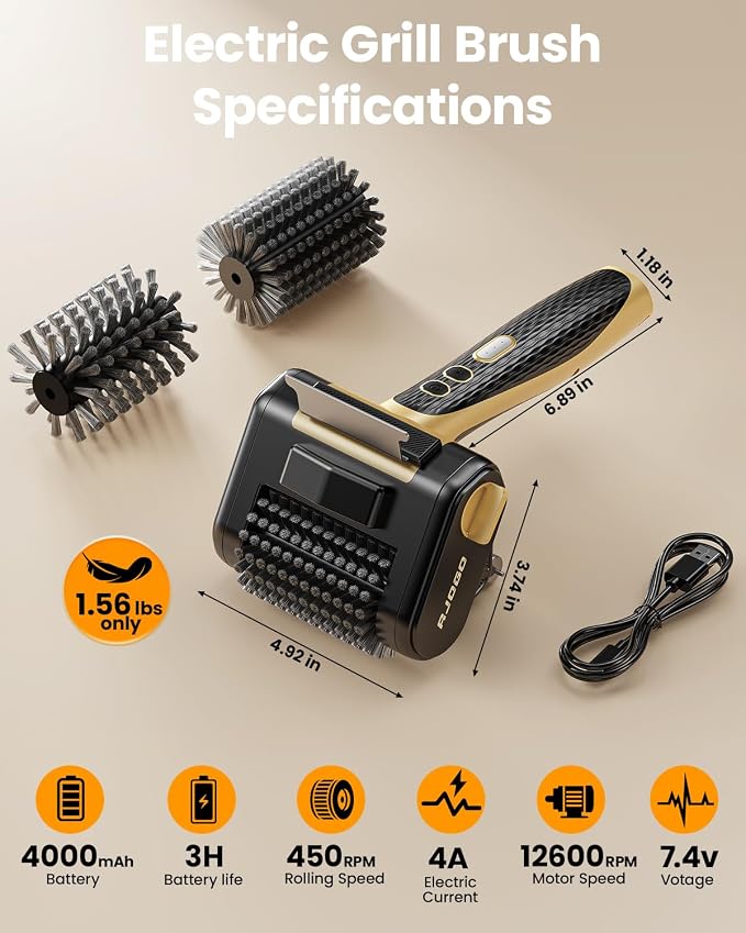 Electric Grill Brush for Outdoor Grill, Cordless BBQ Cleaner with LED Light, Scraper, Dishwasher‑Safe Bristles, 4000 mAh Battery, Rechargeable Power Grill Scrubber (Gold)