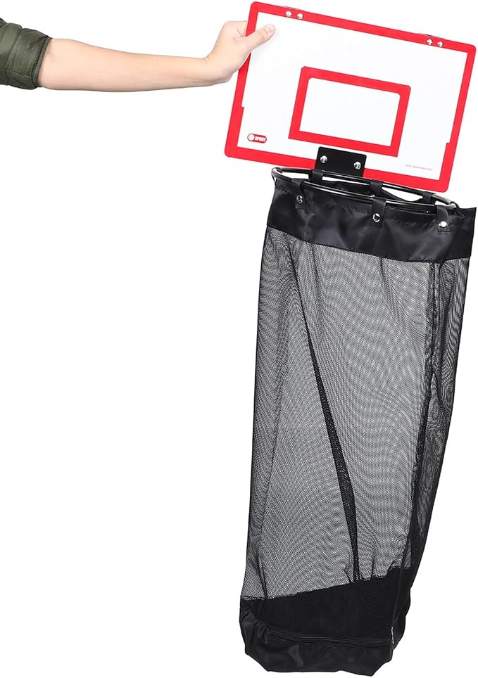 Basketball Hoop with Mesh Bag Laundry Hamper over Door for Dorm Rooms | Wood and Iron Build, Detachable Net, Adhesive Hook Setup, Blankets and Sports Gear