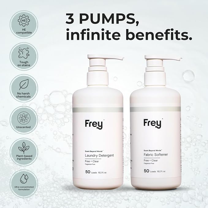 FREY Full Wash Laundry Care Bundle - Concentrated Liquid Laundry Detergent & Fabric Softener (Fragrance-Free)