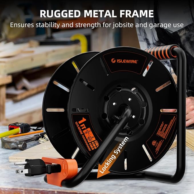 Extension Cord Storage Reel with 4-Grounded Outlets & 2 USB Ports, Heavy Duty Open Cord Reel for 12/3,14/3,16/3 Gauge Power Cord, Hand Wind Retractable, 15A Circuit Breaker, ETL Listed, Orange