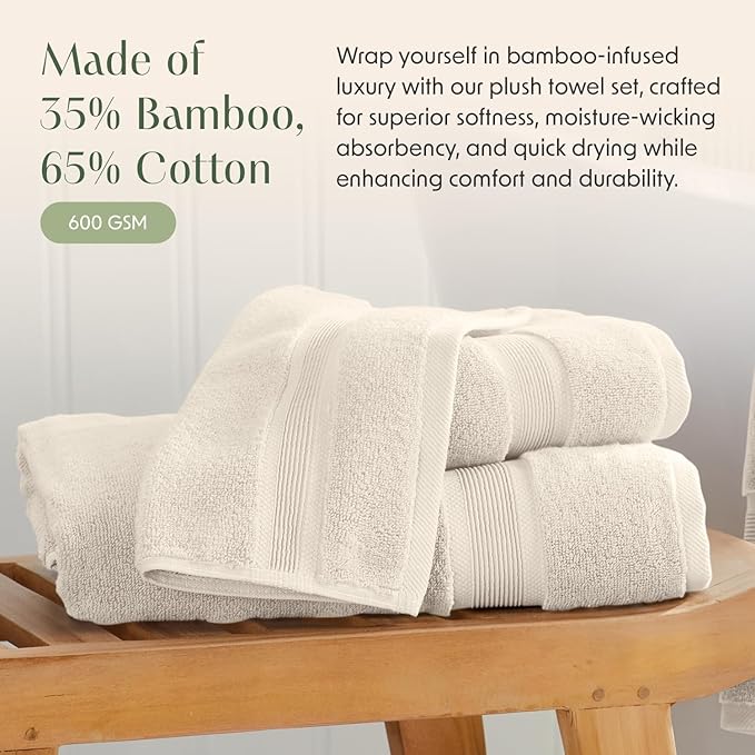 Luxury Bamboo Rayon Oversized Bath Towel Set | 2-Pack | Ultra Soft | Beige | 35% Bamboo Rayon - 65% Zero Twist Cotton | Absorbent Quick-Dry Towels for Bathroom | Ultra Soft | OEKO-TEX Standard 100