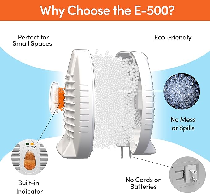 Eva-Dry E-500 Renewable Silica Gel Dehumidifier 2-Pack — Cordless Operation, Plug-In to Renew | 500 Cu Ft Each | Gun Safe, Closet, Bathroom, Boat, RV | No Batteries | Up to 10 Years