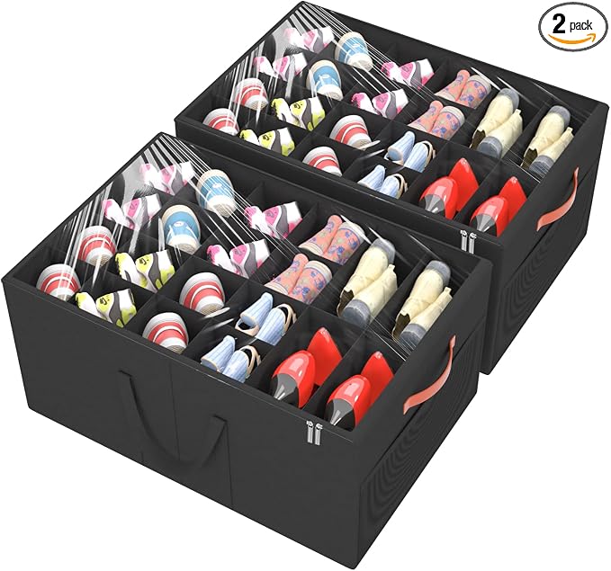 Aokeyee 2 Pack Shoe Organizer for Closet, Large Shoe Storage Box, Black | Fits up to 48 Pairs, Stackable, Space Saving, Foldable, Shoes Organizer Bin with Clear Cover, 4 Reinforced Handles