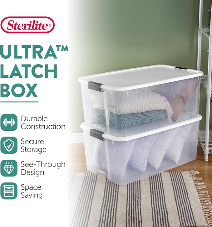 Sterilite 16-Pack Ultra Latching Box, Storage Bins with Lids, Clear Plastic, 116 Quart - Heavy-Duty Organizing Containers for Closet, Bathroom, and Office