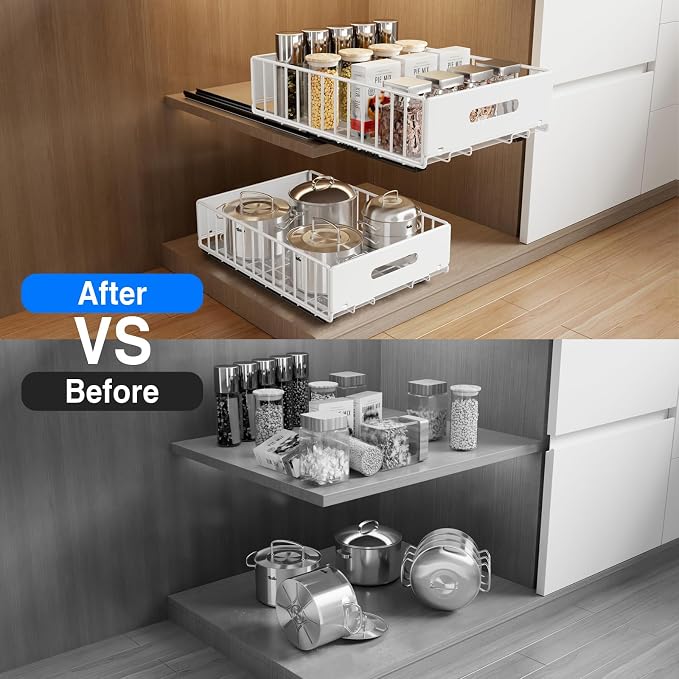 MUSTORN 2 Pack Pull Out Cabinet Organizer, Slide Out Cabinet Drawers Peel and Stick Pull Out Drawers Heavy Duty Pull Out Shelf for Kitchen, Cupboard, Pantry, Bathroom (16.5" D*11.8" W*3.94" H-White)