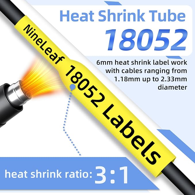 Compatible for DYMO Heat Shrink Tube 18052 1/4" Black on Yellow, 10-Pack | Nineleaf 6mm Yellow Heat Shrink Label Compatible for DYMO Label Maker use in Refills Wire for Rhino 3000 4200 5000 5200 6000