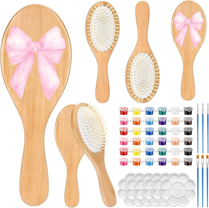 Meanplan 6 Set DIY Wooden Hairbrush Painting Kits Make Your Own Hair Brush Hand-Painted Hairbrush Night Party Supplies with Paint Brush and Palette for DIY Gift Party Crafts (Oval)