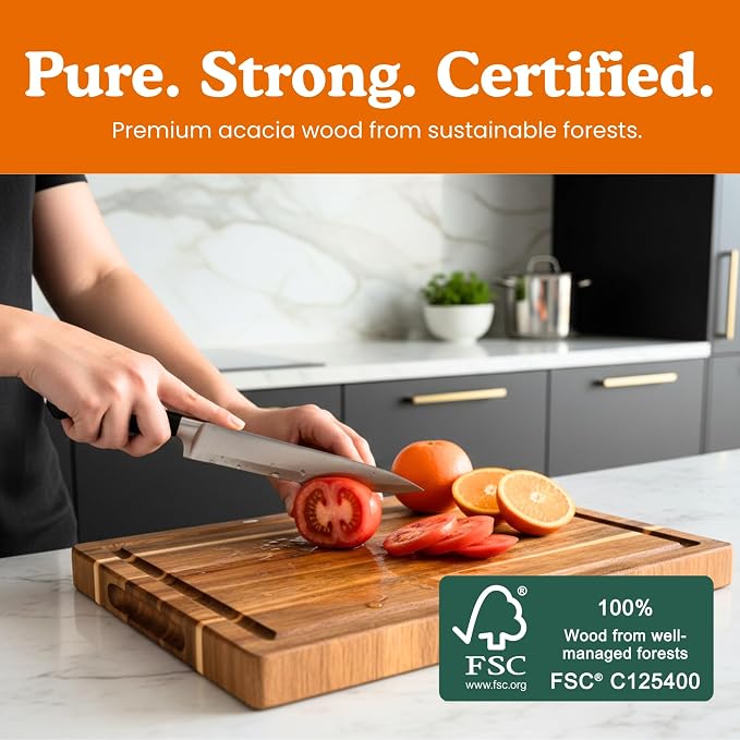 Non-Toxic Acacia Wood Cutting Board, Mineral Oil & Plastic Free, 16x11 in | Petroleum & BPA free. FSC-certified wood. Knife-friendly surface. Beeswax, flaxseed & lemon oil finish.