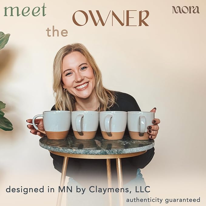 Mora Ceramic Large Latte Mug Set of 4, 16oz - Microwavable, Porcelain Coffee Cups With Big Handle - Modern, Boho, Unique Style For Any Kitchen. Microwave Safe Stoneware - Earl Grey
