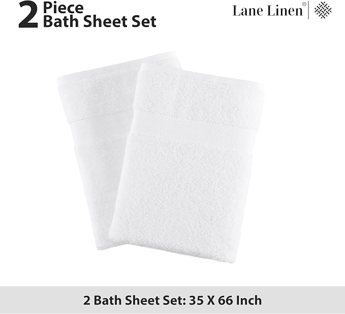 LANE LINEN Bath Sheet Set 2 Pack Oversized Soft Absorbent Quick Dry - White | Cotton Bath Sheets - Oversized & Roomy, Lightweight & Breathable, Fade-Resistant Color, Classic Terry Weave, Densely Woven