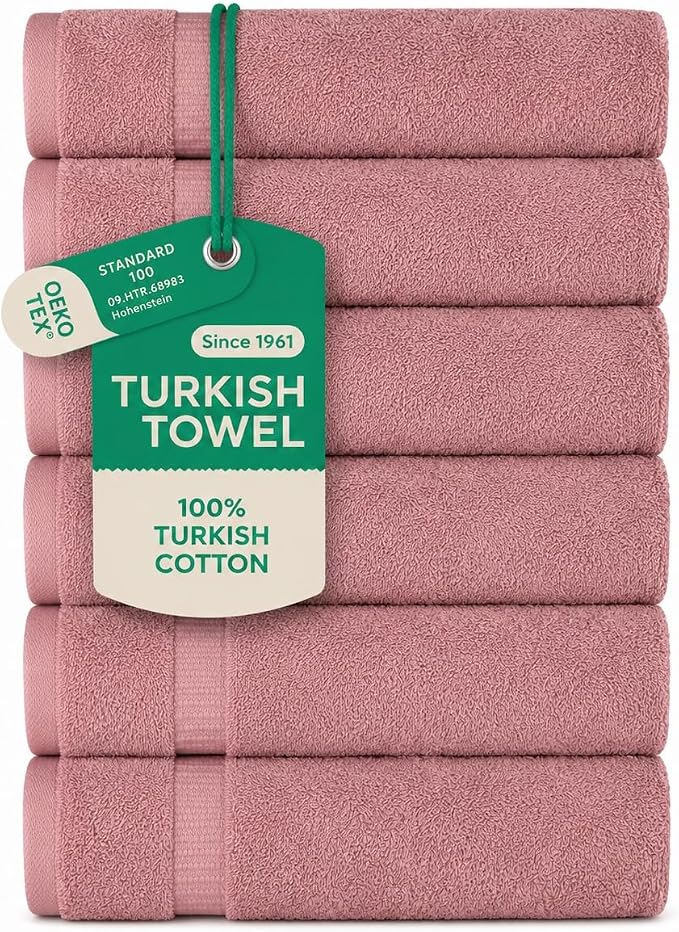 SALBAKOS 6-Piece 100% Turkish Cotton Hand Towels, 16x30 inch, Rose | Large Size Thick Super Soft Highly Absorbent, Versatile Hair Face & Hand Drying Towel, Premium Hotel Quality Made in Turkey
