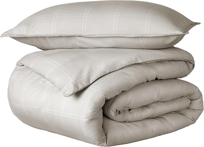 Bare Home Bedding Duvet Cover Extra Long Size - Premium 1800 Super Soft - Lightweight, Duvet Cover - Soft Textured Bedding (Twin/Twin XL, Modern Plaid - Stone/White)