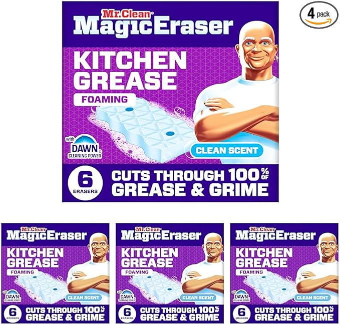Mr. Clean Magic Eraser Foaming Sponge, Kitchen Grease Eraser, Dawn Cleaning Power, Oven Cleaner, Clean Scent, 6ct (Pack of 4)