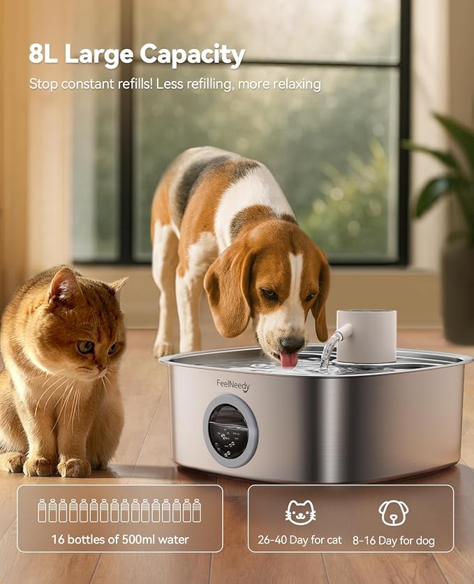Cordless Wider Tray Dog Water Fountain, 5000mAh Battery Operated Dog Water Bowl Dispenser with 3 Motion Sensor, FEELNEEDY Stainless Steel Pet Water Fountain for Multi-Pets, Easy Setup & Clean, 8L