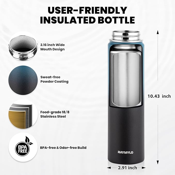 RAYMYLO Insulated Water Bottle 24 oz, Triple Wall Vacuum Stainless Steel (Cold for 24Hrs, Hot for 12Hrs), Leak Proof & Non-BPA, Modern Water Flask Jug with Paracord Handle & Straw Spout Lids
