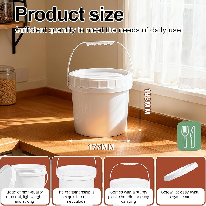 4 Pack 1 Gallon Plastic Buckets with Screw Lids & Handle, Food Grade Storage Containers for Kitchen, Freezer - Reusable White Plastic Bucket Set