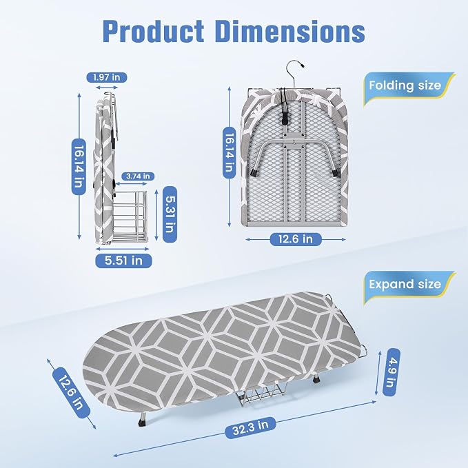 Tabletop Ironing Board, Foldable Small Ironing Board with Iron Holder Portable Mini Iron Board for Small Spaces Compact Table top Small Ironing Table for Dorms, Aprtment, RVs, Travel, 32"x12"