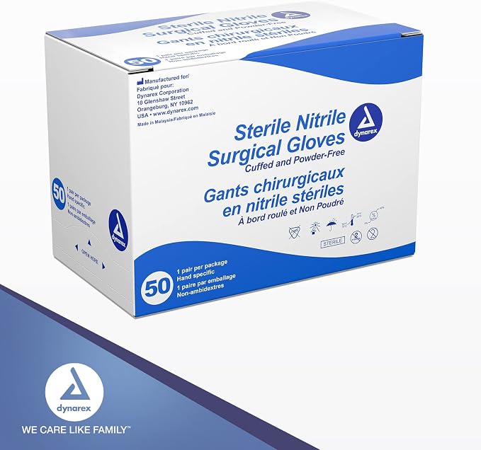 Dynarex Sterile Nitrile Surgical Gloves, Powder Free, Size 7.5, 50 Pairs of Gloves, White, 7.5