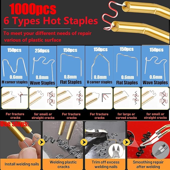 220W Plastic Welder,2 in 1 Plastic Welding Kit 1000PCS Hot Staples Plastic Repair Kit With 100PCS Plastic Welding Rods Car Bumper Repair Kit for Most Plastic Repair