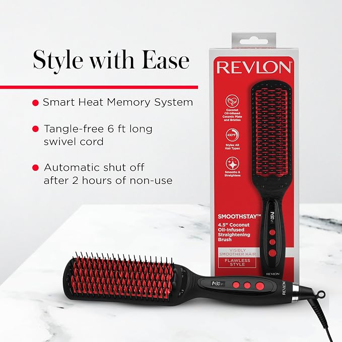 REVLON SmoothStay XL Hair Straightener, Heated Straightening Brush with Coconut Oil Infused Ceramic Plates, Long-Lasting Sleek Results, Reduced Frizz & Static