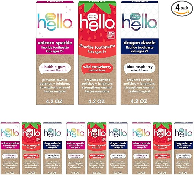 Hello Kids Fluoride Toothpaste Variety Pack, Includes a Strawberry Toothpaste, Unicorn Bubble Gum Toothpaste, and Blue Raspberry Toothpaste, Safe for Ages 2 and Up, 12 Pack, 4.2 Oz Each