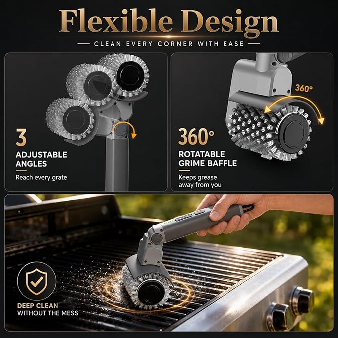 Upgraded Cordless Electric Grill Brush, Electric Grill Cleaner for Outdoor Grill & Electric BBQ Grill Brush with Powerful Motor, Rechargeable, Adjustable Angle – Perfect for Removing Burnt-On Grease