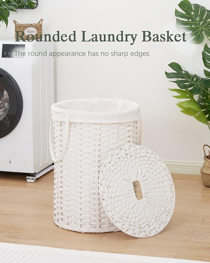 SETVSON Laundry Basket with Lid Round PE Rattan Laundry Hamper, White | 110L Large Woven Basket with Lid, Removable Washable Liner Bag, 2 Mesh Laundry Bags, Foldable Long Side Handles Versatile